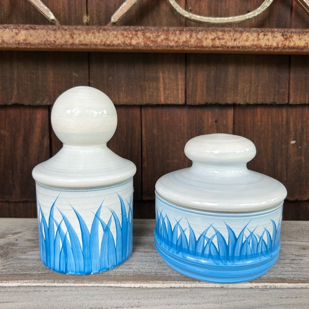 Vintage Blue and White Hand Painted Lidded Glass Jars with Coastal Motiff - Picture 2 of 8
